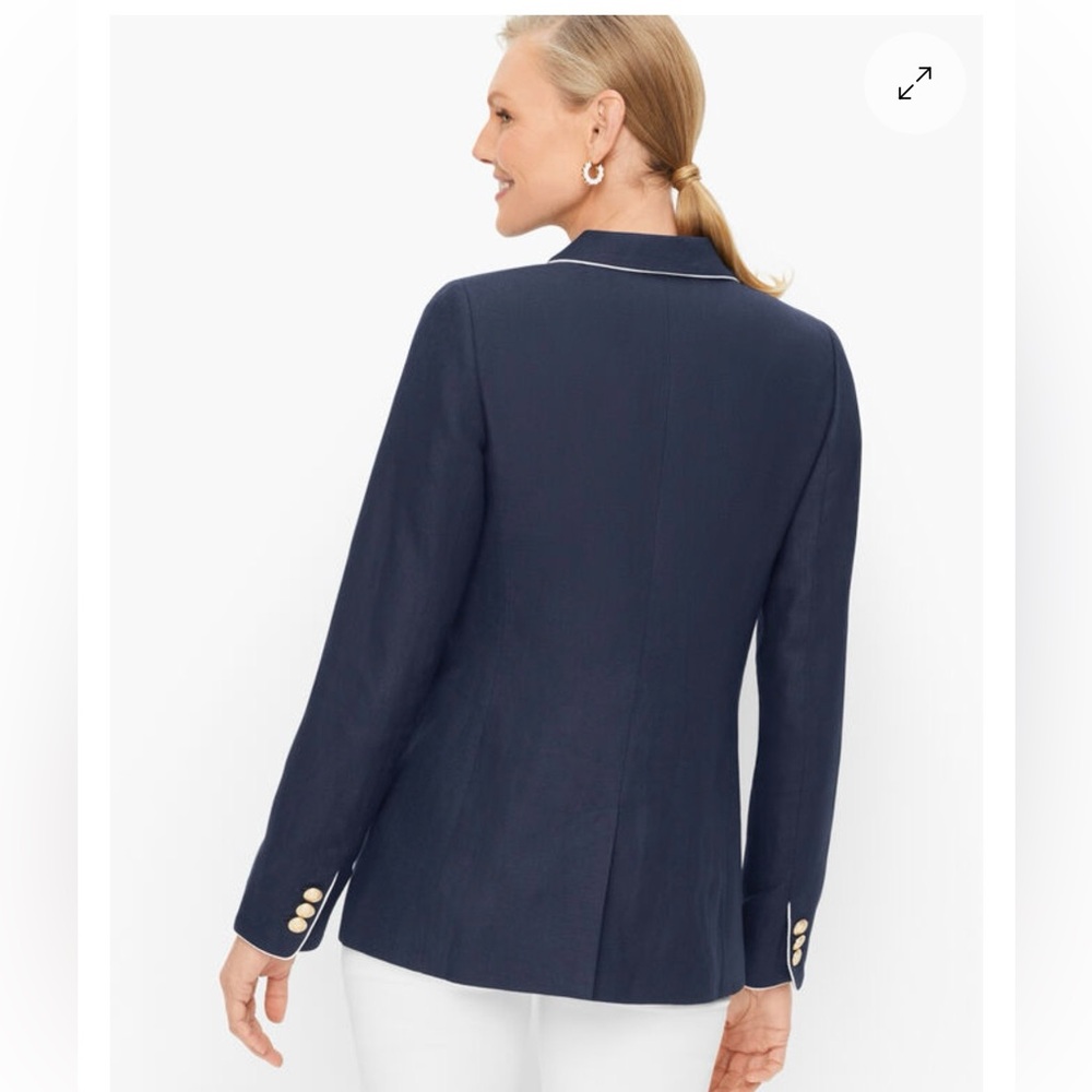Talbots Blazer Lovely Classic Piped 100% Linen Navy Gold Buttons